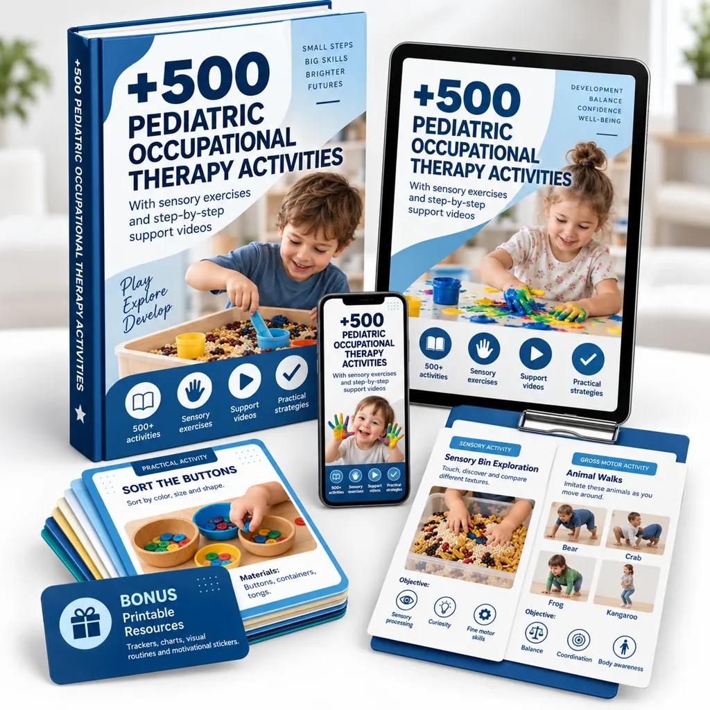 Digital pediatric occupational therapy activity pack shown on a book, tablet, phone and printed activity cards